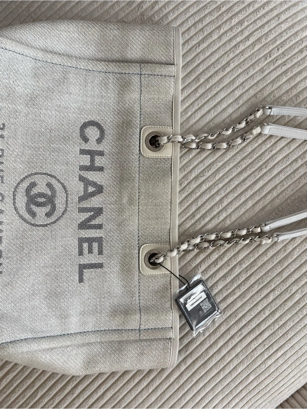 Authentic CHANEL Cream and Light Gray Canvas Deauville Tote with Chain-Strap